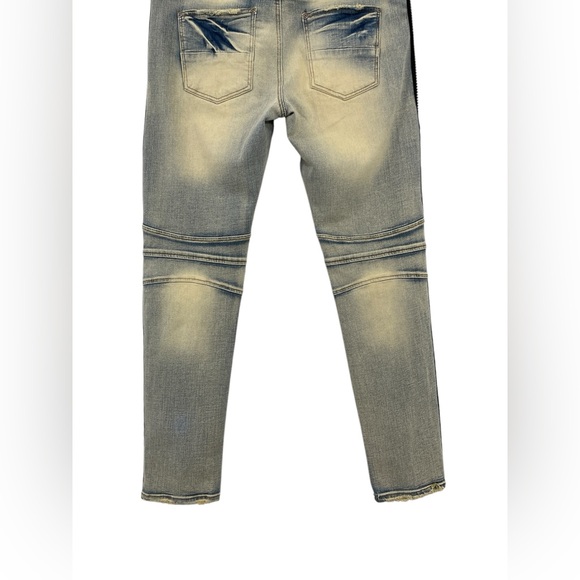 PREME Eldredge Rhinestone Stripe Denim 36x33 Light Wash Distressed Moto Jeans - Picture 10 of 16